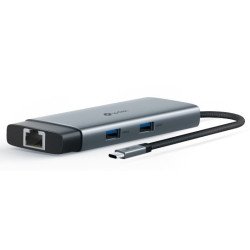 Adaptador HUB 6 en 1, 1 puerto USB-C entrada, 1 puerto HDMI 4K, 1 puerto Ethernet Gigabit, 1 puerto USB-C y 2 puertos USB-A