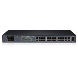 Switch PoE de 24 puertos 10 / 100Mbps +2 RJ45 + 2SFP Enlace descendente: puertos 24x100 Mbps • Enlace ascendente: 2 puertos SFP