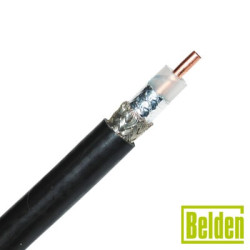 Cable coaxial tipo RG-8/U, conductor central de 2.74 mm en cobre sólido cal. 10, con 90% de blindaje de malla trenzada de cobre