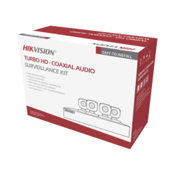 kit TurboHD 5 megapixel, DVR 4 canales, 4 cámaras bala con micrófono integrado (exterior 2.8 mm), fuente d