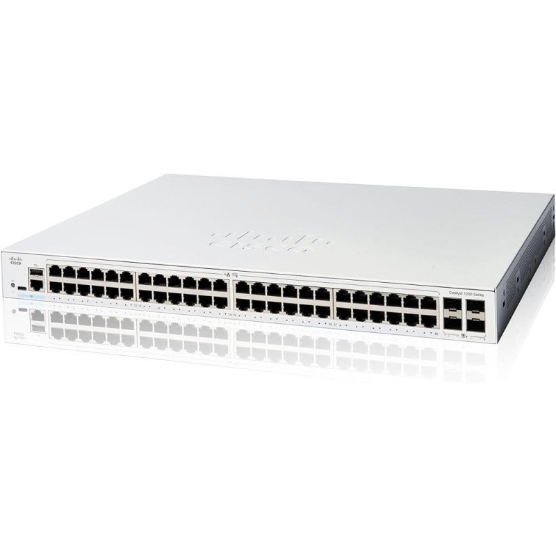 Cisco switch catalyst 1200, 48 puertos gigabit ethernet, no Poe, 4 puertos SFP+ (4x 1g/10g), incluye cable cab-16awg-ac, el smar