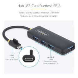 HUB, USB 3.2 Gen 1 (3.1 Gen 1) Type-C, USB 3.2 Gen 1 (3.1 Gen 1) Type-A, 5000 Mbit/s, Negro, Plástico