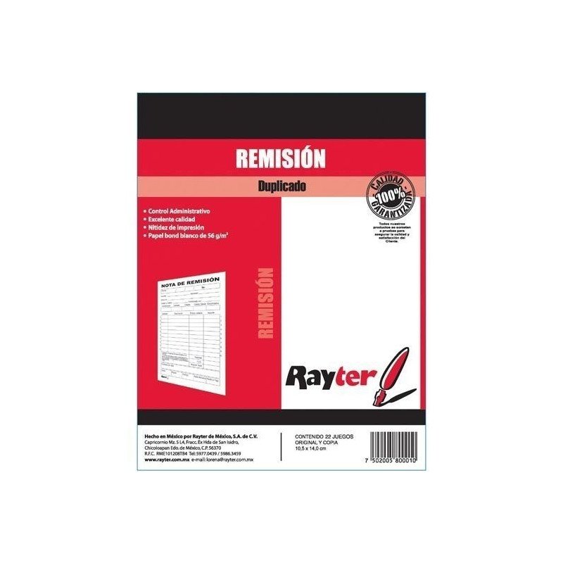 Remisión tamaño ¼ carta, con duplicado, Rayter