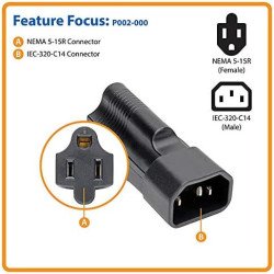 Adaptador de Cable de Alimentación 5-15R a C14, 15A, 125V, Negro, 1 x IEC 60320 C14 Enchufe, 1 x NEMA 5-15R Receptacle, 125