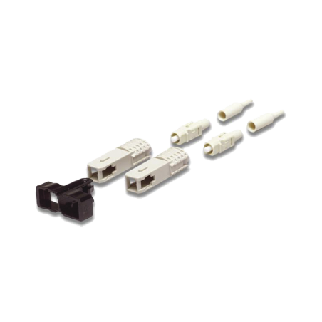 Conector de Fibra óptica SC Duplex, Epoxico, Fibra Recubierta, Multimodo, Botas Color Negro y Beige