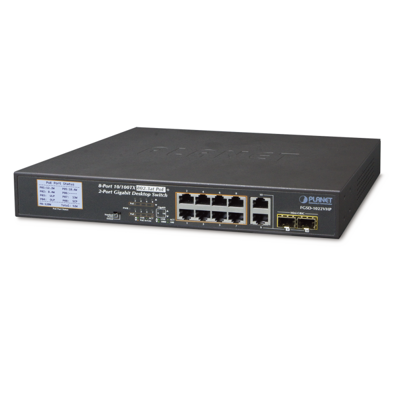 Switch PoE+, distancia 250 metros, 8 puertos + 2 combo TP/SFP gigabit y pantalla LCD para monitoreo
