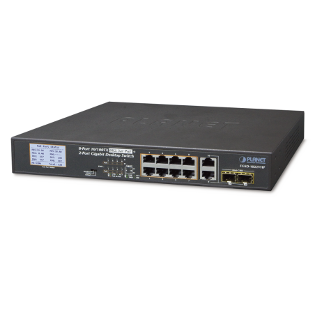 Switch PoE+, distancia 250 metros, 8 puertos + 2 combo TP/SFP gigabit y pantalla LCD para monitoreo