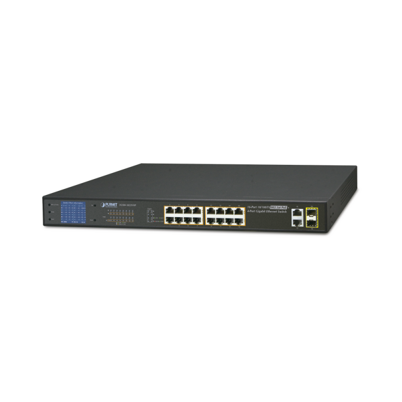 Switch no administrable PoE+ Aslamiento VLAN de 16 puertos + 2 combo TP/SFP Gigabit y Pantalla