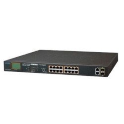 Switch no administrable PoE+ Aslamiento VLAN de 16 puertos + 2 combo TP/SFP Gigabit y Pantalla
