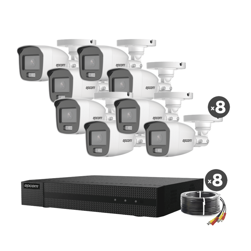 Kit TurboHD 1080p, DVR 8 Canales, 8 Cámaras Bala ColorVu con Microfono Integrado, Fuente de Poder, Accesorios de Instalación