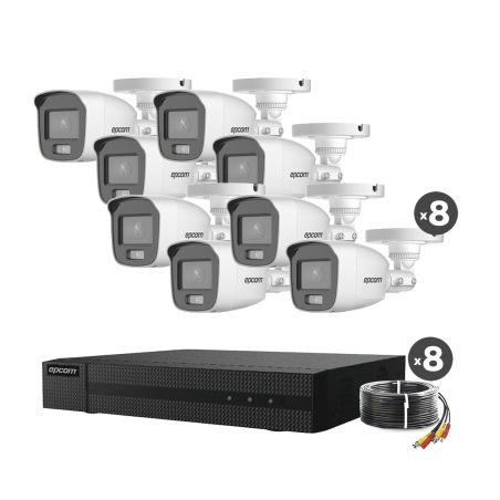 Kit TurboHD 1080p, DVR 8 Canales, 8 Cámaras Bala ColorVu con Microfono Integrado, Fuente de Poder, Accesorios de Instalación