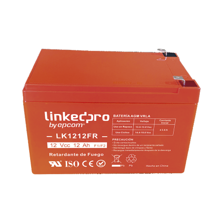 Batería 12 V, 12 Ah, UL, Tecnología AGM-VRLA, Vida útil promedio de 5 años, Retardante a la Flama, Uso en equipo electrónico, Al