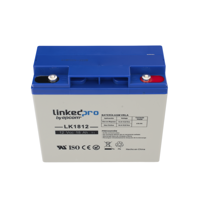 Batería 12 Vcc, 18 Ah, UL, Tecnología AGM-VRLA, Vida útil promedio de 5 años, Para uso en equipo electrónico, Alarmas de Intrusi
