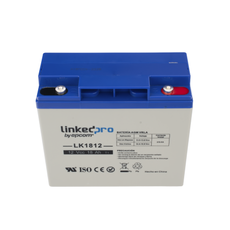 Batería 12 Vcc, 18 Ah, UL, Tecnología AGM-VRLA, Vida útil promedio de 5 años, Para uso en equipo electrónico, Alarmas de Intrusi