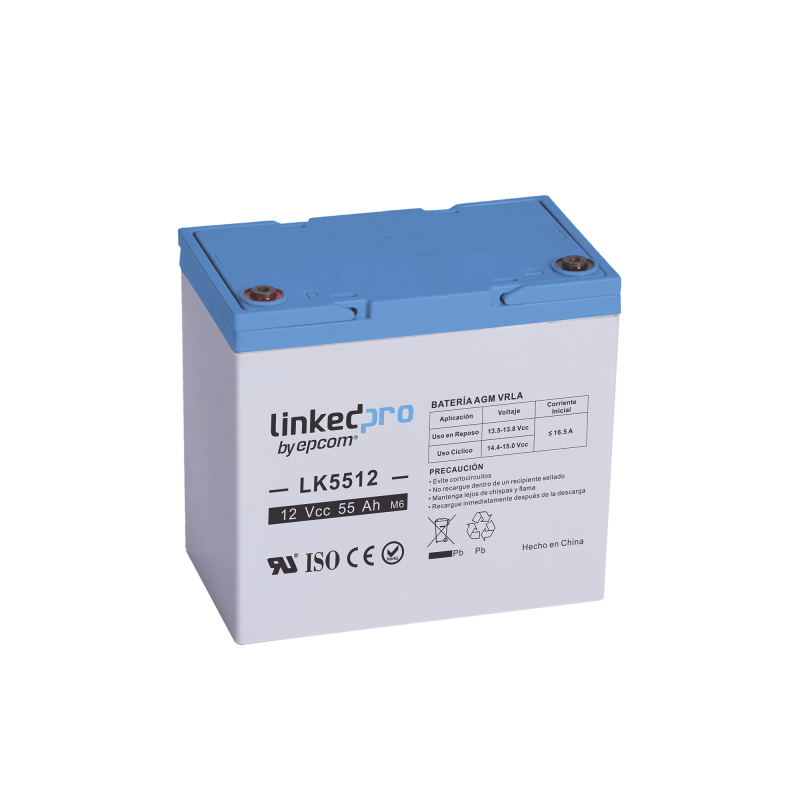 Batería 12 Vcc, 55 Ah, UL, Tecnología AGM-VRLA, Vida útil promedio de 5 años, Para uso en equipo electrónico, Alarmas de Intrusi