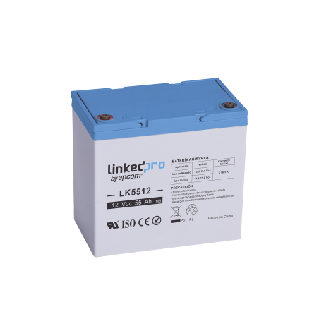 Batería 12 Vcc, 55 Ah, UL, Tecnología AGM-VRLA, Vida útil promedio de 5 años, Para uso en equipo electrónico, Alarmas de Intrusi