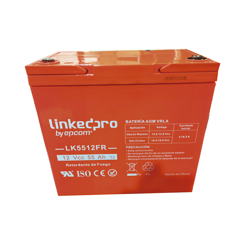 Batería 12 V, 55 Ah, UL, Tecnología AGM-VRLA, Vida útil promedio de 5 años, Retardo a la flama, Para uso en equipo electrónico,