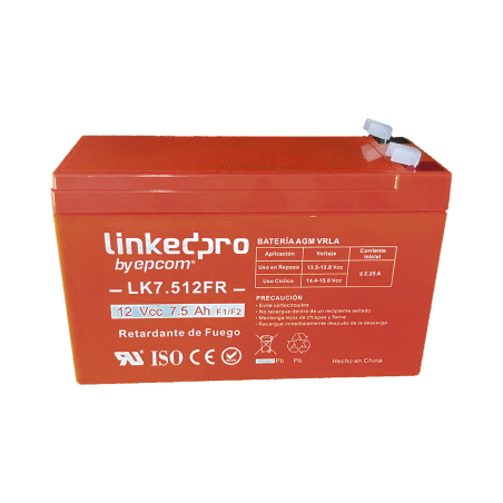 Batería 12 V, 7.5 Ah, UL, Tecnología AGM-VRLA, Vida útil promedio de 5 años, Retardante a la Flama, Para equipo electrónico, Ala