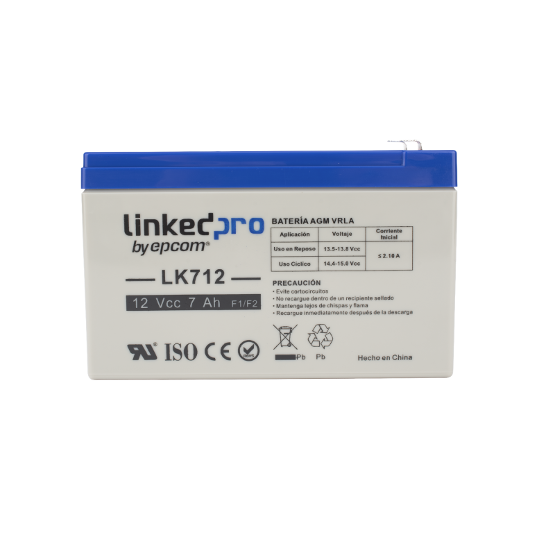 Batería 12 Vcc, 7 Ah, UL, Tecnología AGM-VRLA, Vida útil promedio 5 años, Para uso en equipo electrónico, Alarmas de Intrusión,