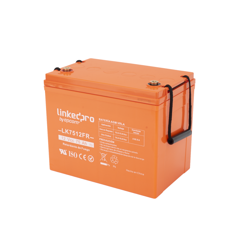Batería 12 V, 75 Ah, UL, Tecnología AGM-VRLA, Vida útil promedio de 5 años, Retardo a la flama, Para uso en equipo electrónico,