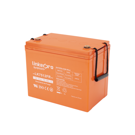 Batería 12 V, 75 Ah, UL, Tecnología AGM-VRLA, Vida útil promedio de 5 años, Retardo a la flama, Para uso en equipo electrónico,