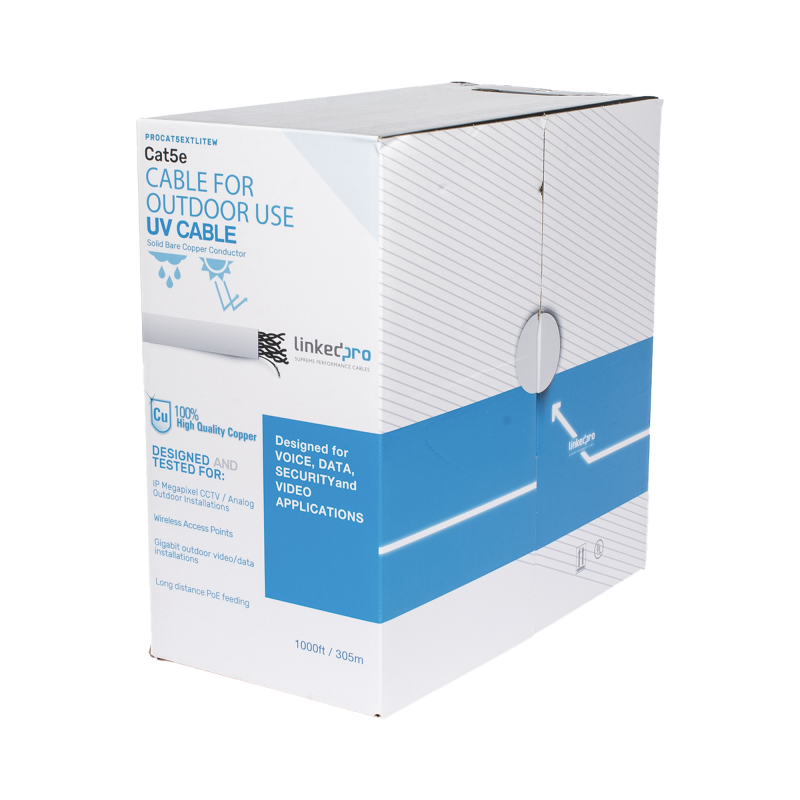 Bobina de cable de 305 m, Cat5e, para intemperie, sin blindar, color blanco, UL, para aplicaciones en CCTV, redes de datos.