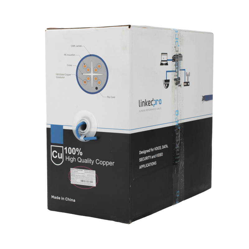 Bobina de cable U/UTP Cat6A de 305 m, Color Azul, CMR, soporta 10G-BaseT para transmisión de frecuencias de hasta 500MHz, UL