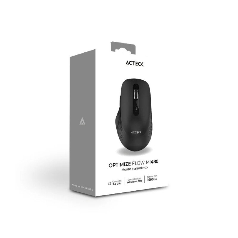 Mouse Acteck optimize Flow mi480, inalámbrico, 1600 dpi, 5 botones scroll, alcance 10 m, dongle BT 2.4 MHz, negro