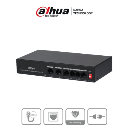 Switch PoE de 6 Puertos Fast Ethernet, 4 Puertos PoE 10, 100, 2 Puertos uplink 10, 100, 36 Watts Totales, Switching 1.2 Gbps, Ta