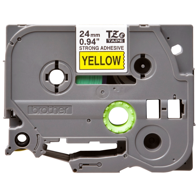 Cinta laminada extra adhesivo texto negro sobre cinta amarilla de 24mm x 8m