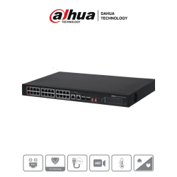 DAHUA Switch PoE Ethernet de 26 Puertos, 24 Puertos PoE 10, 100, 240 Watts Totales, Puerto 1 y 2 Soportan 60 Watts Hi-PoE, 2 Pue