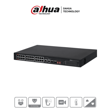 DAHUA Switch PoE Ethernet de 26 Puertos, 24 Puertos PoE 10, 100, 240 Watts Totales, Puerto 1 y 2 Soportan 60 Watts Hi-PoE, 2 Pue