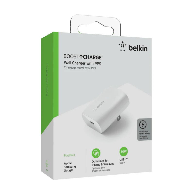 Adaptador de corriente, tecnología PPS, 30 vatios, 3 A, Fast Charge, PD 3.0 (24 pin USB-C), blanco