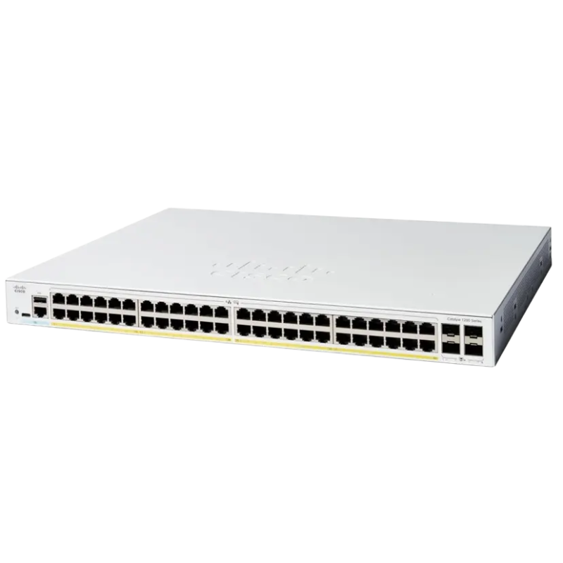 Cisco Switch Catalyst 1200, 48 puertos Gigabit Ethernet, PoE+ con 375W totales, 4 Puertos SFP+ (4x 1G/10G), Incluye cable CAB-16