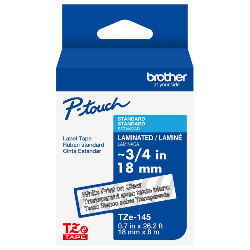 Cinta Laminada Brother Estandar Texto blanco sobre cinta transparente de 18mm x 8m