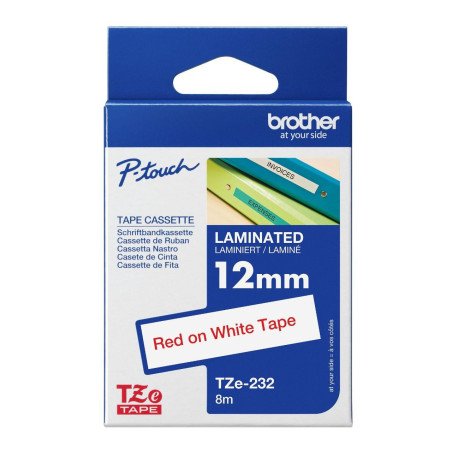 Cinta Laminada Brother Estándar Texto rojo sobre cinta blanca de 12mm x 8m