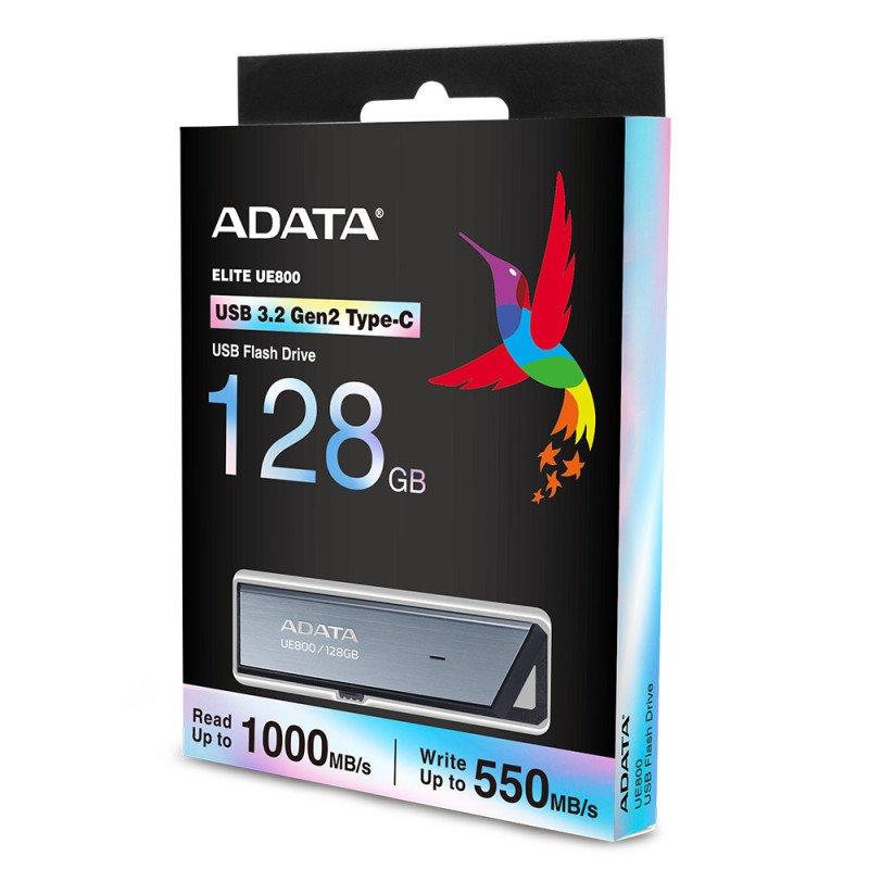 Memoria USB ADATA UE800, 128 GB, USB Tipo C, 3.2 Gen 2 (3.1 Gen 2), 1000 MB/s, Deslizar, Plata