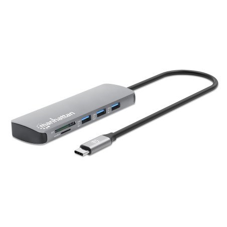 Hub Alámbrico Manhattan 190459, USB 3.2 Gen 1 (3.1 Gen 1) Type-C, 100 W, 10,100,1000 Mbit/s, Gris, Space Grey