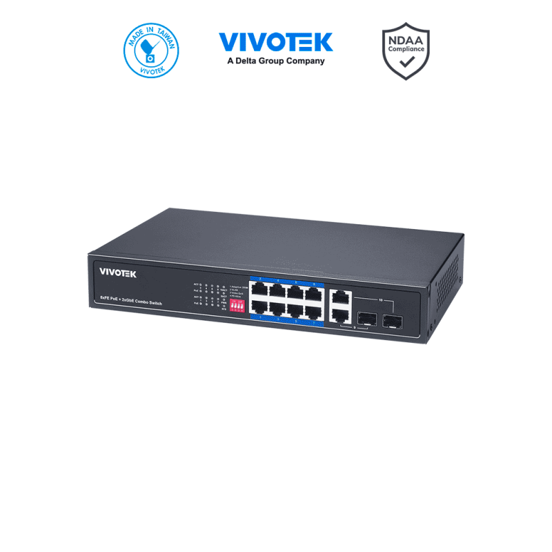 Switch PoE no administrable, 8 puertos PoE FE, 2 puertos GBE/SFP Combo, 110W Totales, 30W por puerto, Modo Extendido hasta 250m,