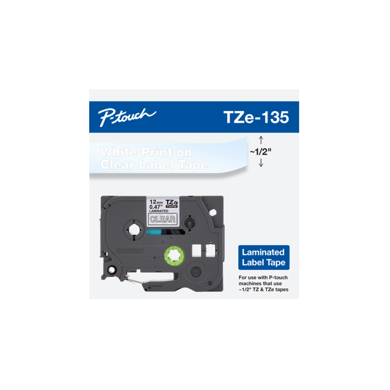 Cinta laminada Brother para texto blanco sobre fondo transparente, 12 mm x  8 m