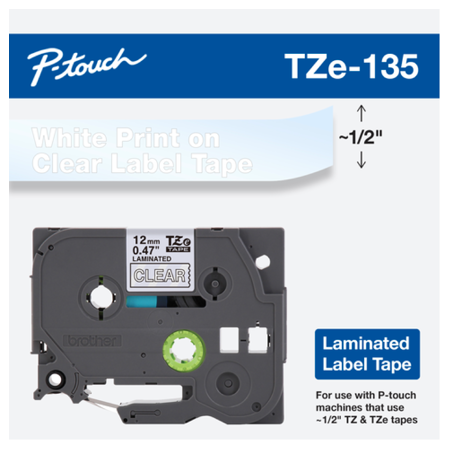 Cinta laminada Brother para texto blanco sobre fondo transparente, 12 mm x  8 m