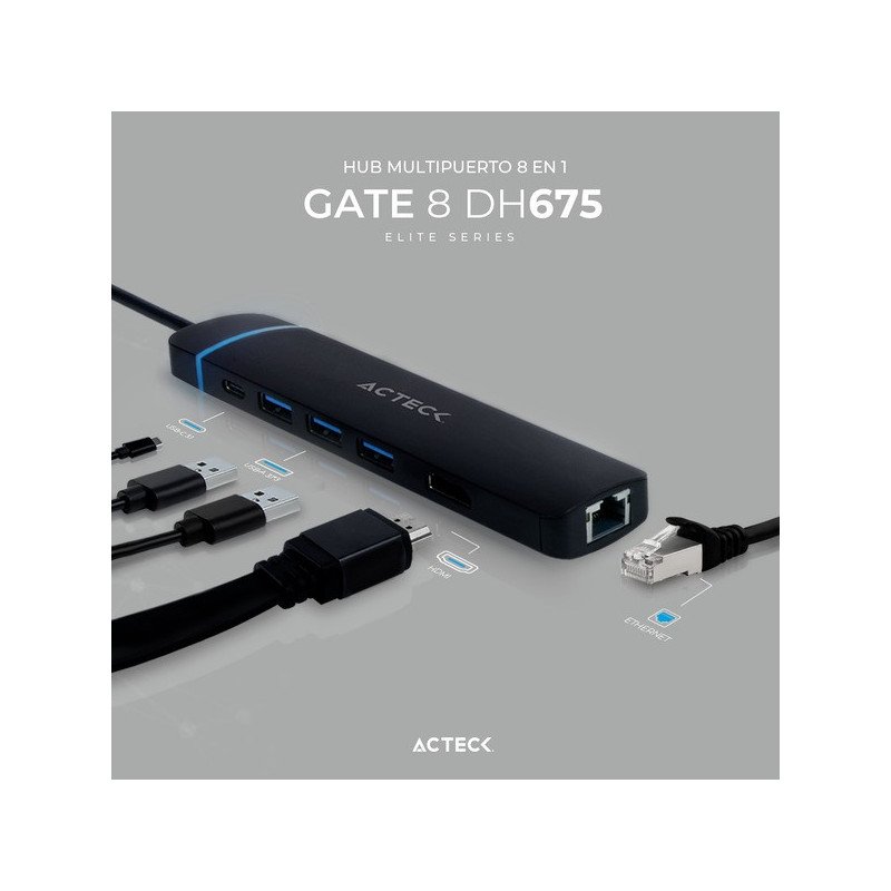 Hub Acteck USB-c 8en1 4kHDMI+ethernet+3USB-a3.0+sd, tf+USB-c ac-934626