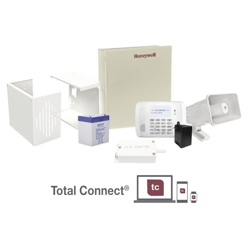 Kit con panel de alarma para 48 zonas con teclado alfanumérico y receptor inalámbrico interconstruido, batería, transformador y