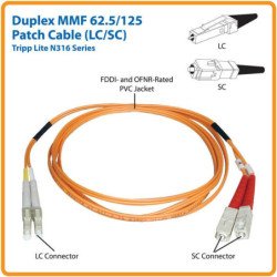 Cable Patch de Red de Fibra Dúplex Multimodo 62.5/125 LC/SC 10m, 2 x Macho, 2 x LC Macho, Cable de conexión, Naranja