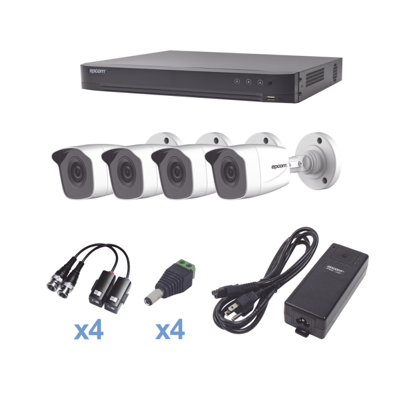 Sistema TURBOHD 1080P, Incluye DVR 4 ch, 4 cámaras bala (interior - exterior, 2.8mm gran angular), transceptores, conectores