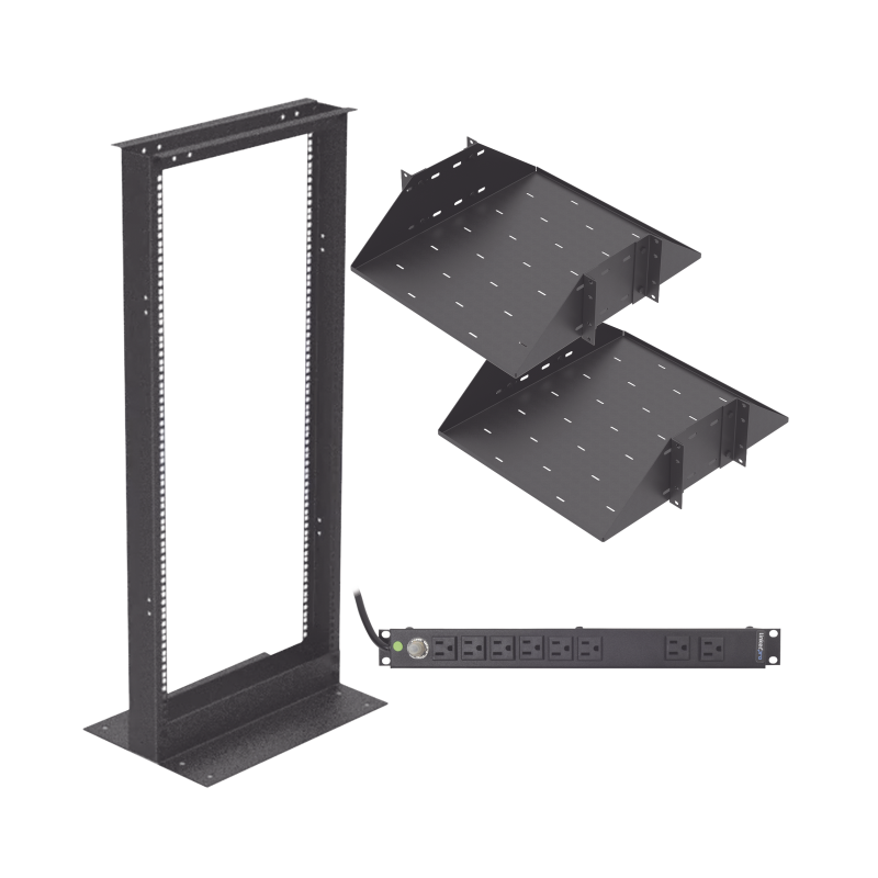 Kit de rack estándar 19", 24 UR con 2 charolas y PDU (8 tomas). Ideal 