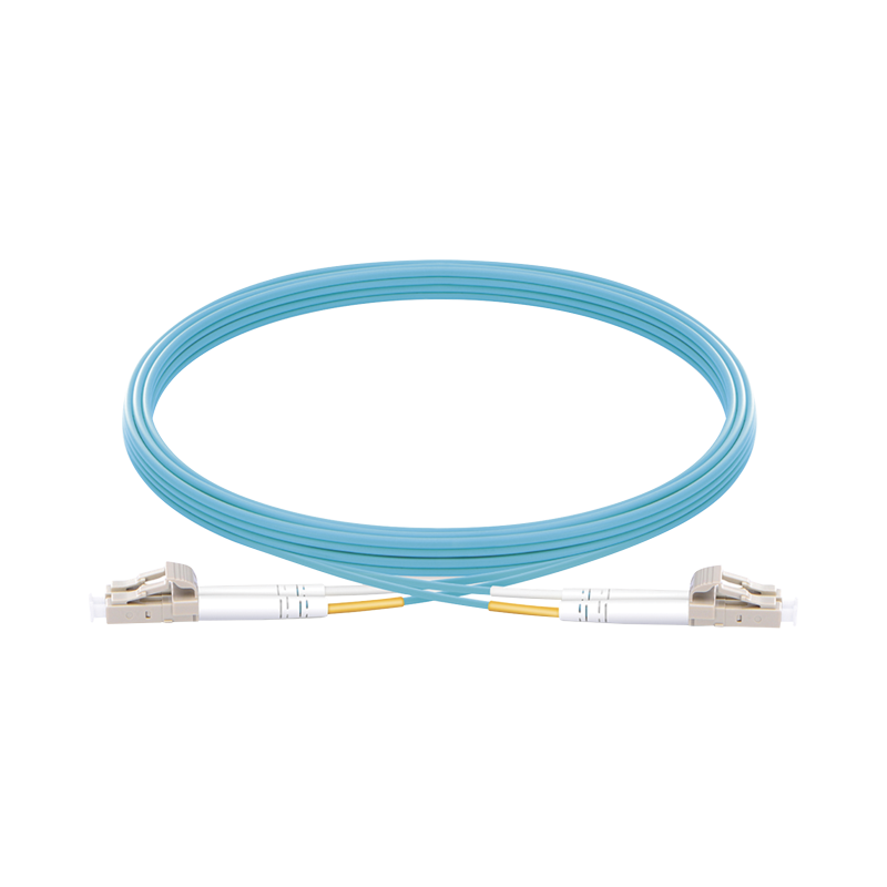 Jumper de fibra óptica multimodo OM3 50/125 LC-LC ofnr (riser), 2.0 mm, dúplex, aqua, 5 metros
