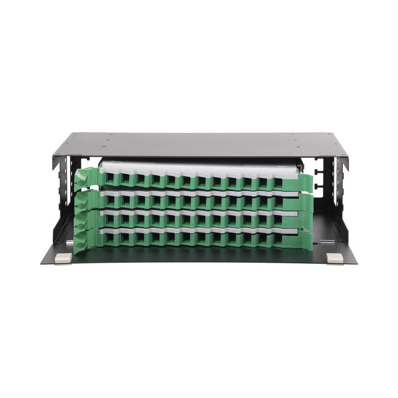 Distribuidor de fibra óptica con bandejas deslizables, Vacío, 19in, acepta 48 adaptadores "lc dúplex" o "lc simplex" o 48 "sc" s
