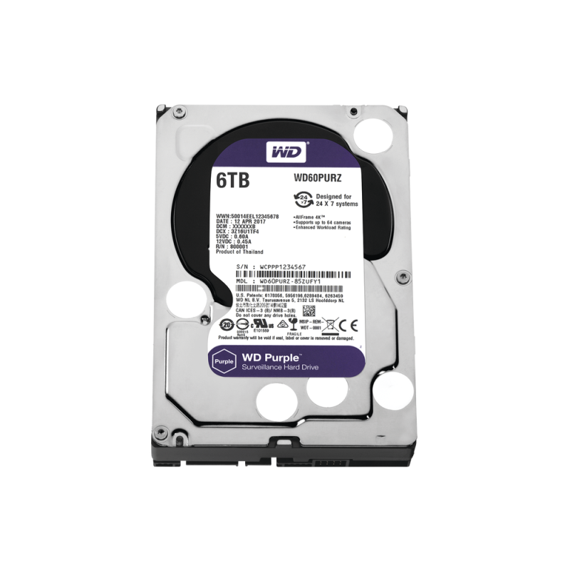Disco duro interno WD Purple 3.5 6TB SATA3 6GB/s 64MB 24x7 para DVR y NVR de 1-16 bahías y 1-64 cámaras Disco duro interno WD Purple 3.5 6TB SATA3 6GB/s 64MB 24x7 para DVR y NVR de 1-16 bahías y 1-64 cámaras