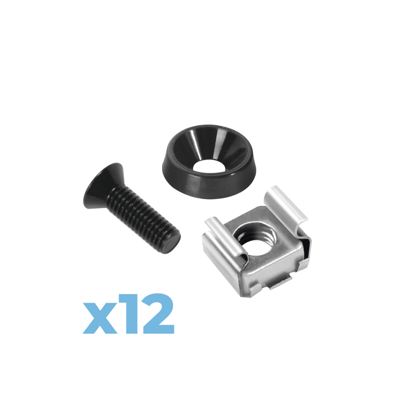 Juego de 12 tornillos con 12 arandelas y 12 tuercas enjauladas para rack LinkedPRO Juego de 12 tornillos con 12 arandelas y 12 tuercas enjauladas para rack LinkedPRO
